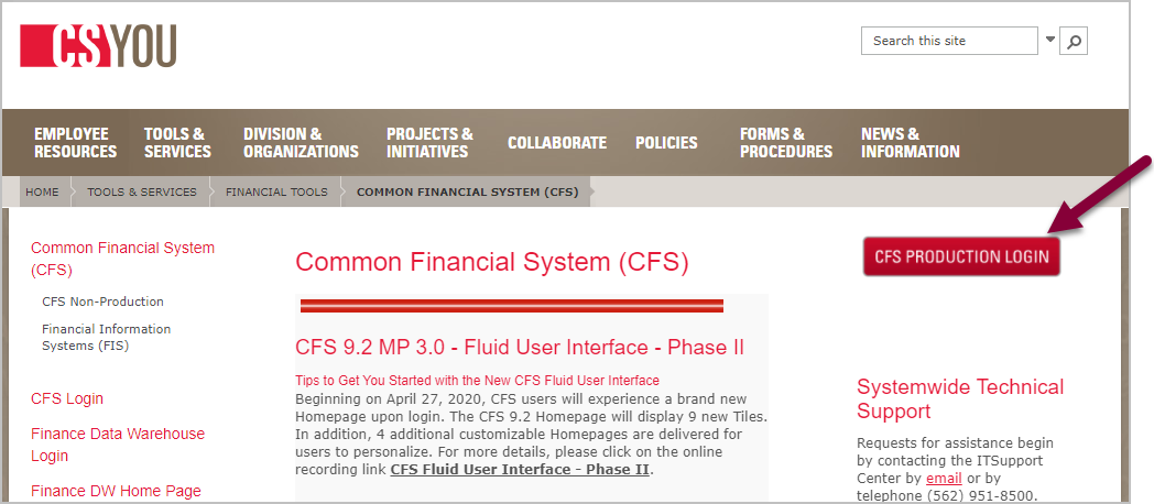 screenshot of CFS Production Login button