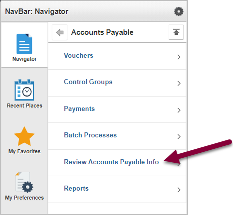 screenshot of Review Accounts Payable Info in menu