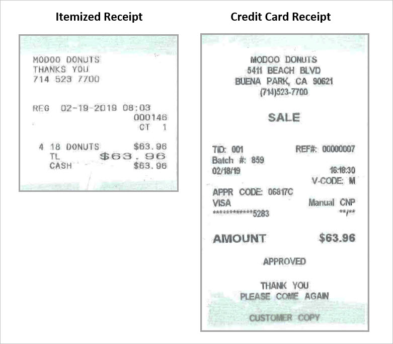 itemized receipt vs credit card receipt