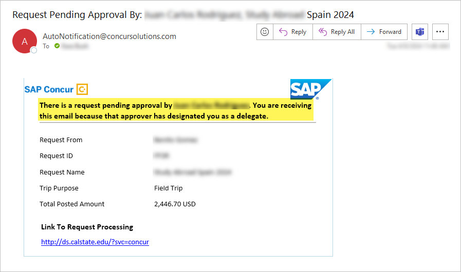 screenshot showing sample email from Concur