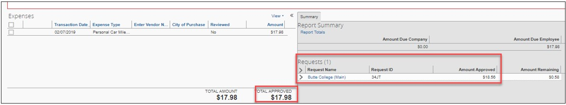 screenshot showing comparison of requested vs reimbursement
