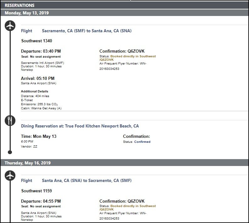 screenshot showing reservation details
