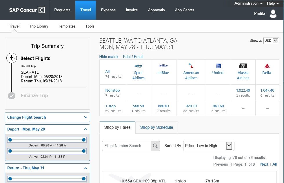 screenshot showing flight options