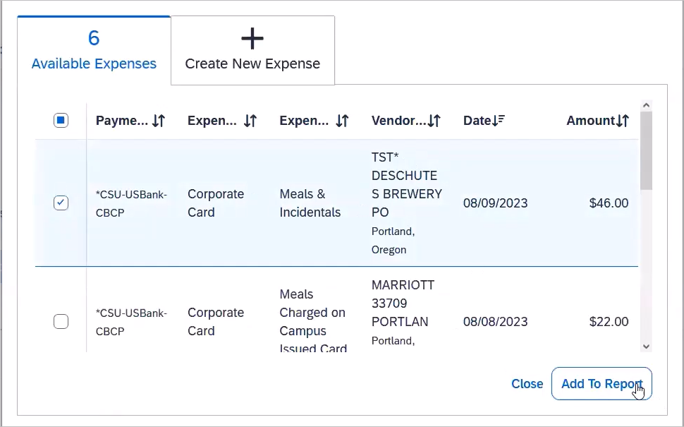 screenshot showing Available Expenses
