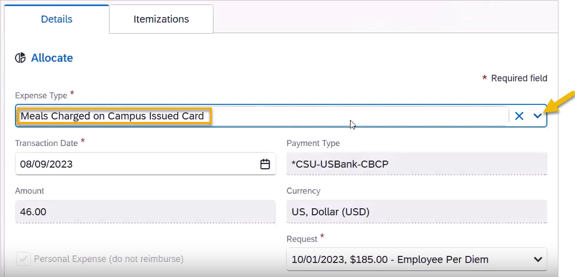 screenshot showing Expense Type