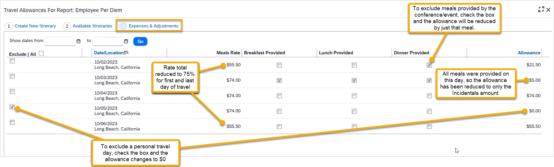 screenshot showing Expenses & Adjustments screen