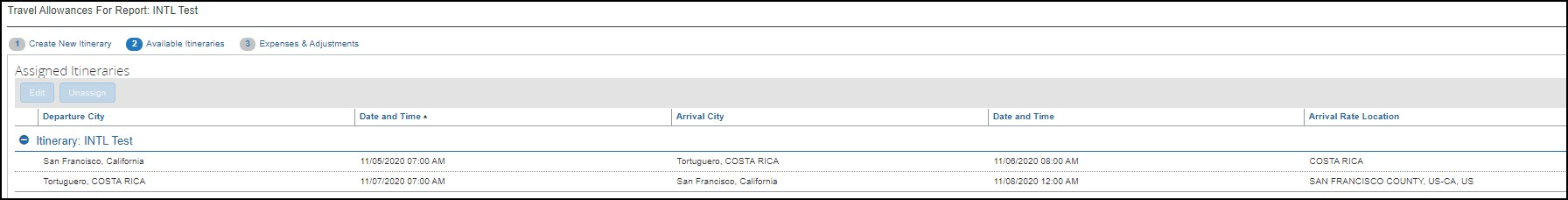 screenshot showing Available Itineraries tab