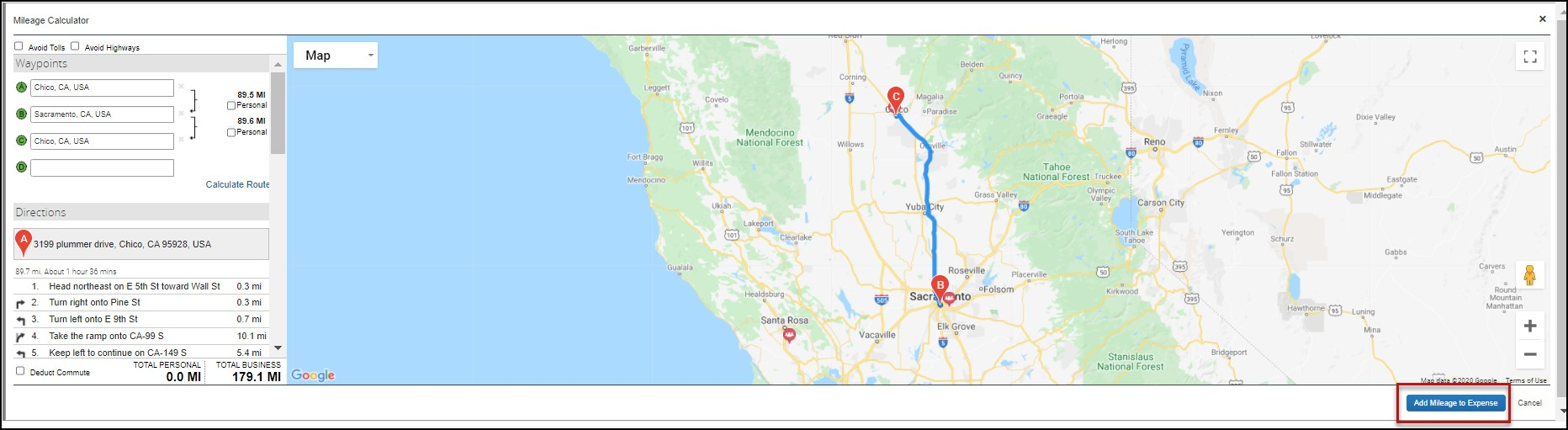 screenshot showing mileage map