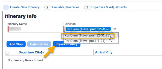 screenshot showing Import Itinerary button