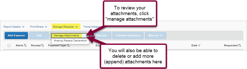 review attachments by click Manage Receipts, then Manage Attachments