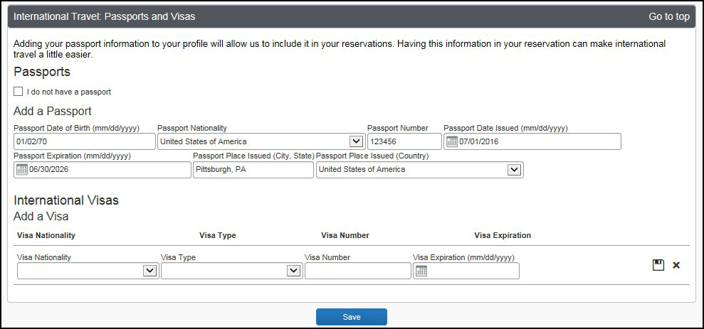 screenshot of passport and visa entry