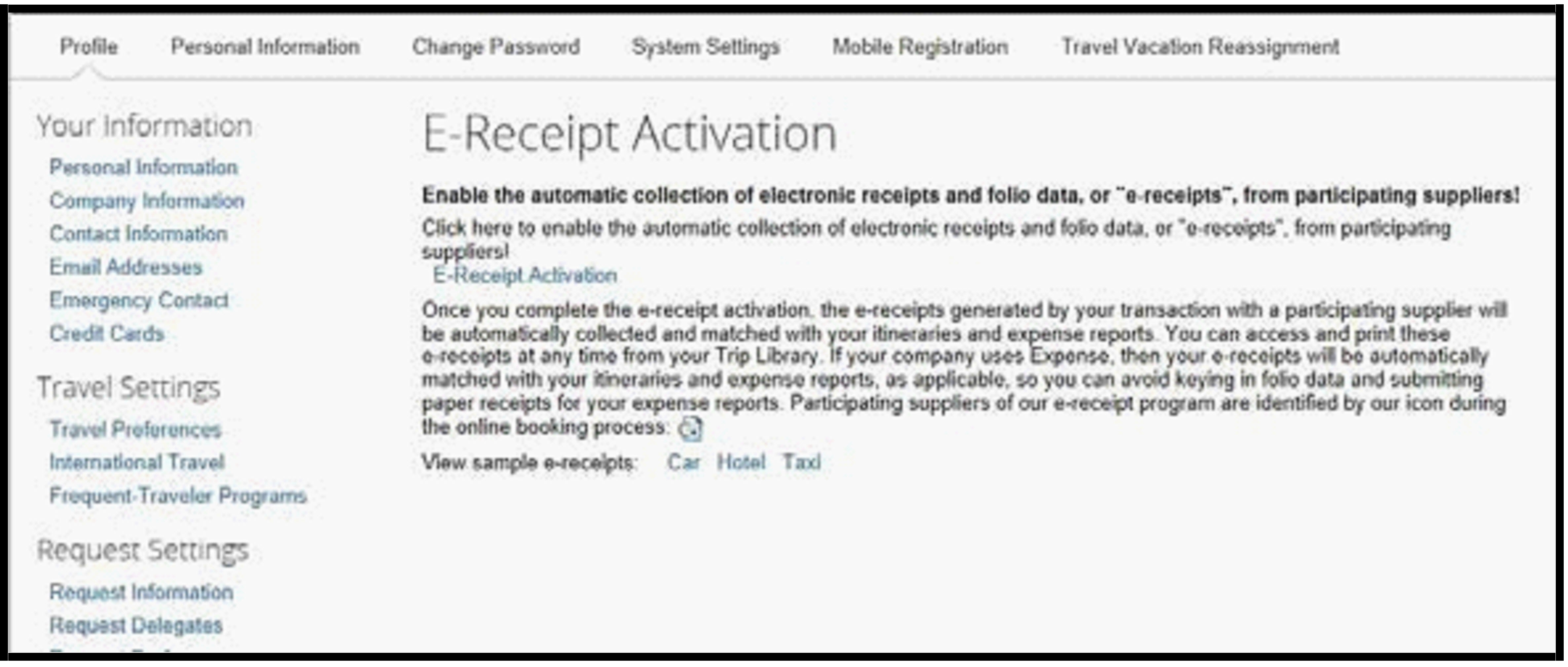 screenshot of e-receipt activation