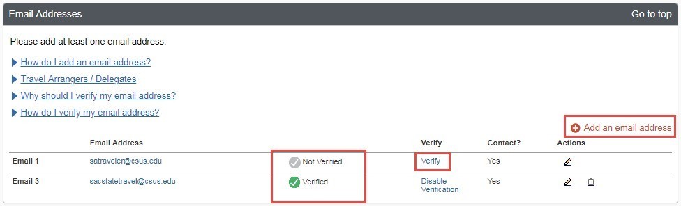 screenshot of email addresses verification