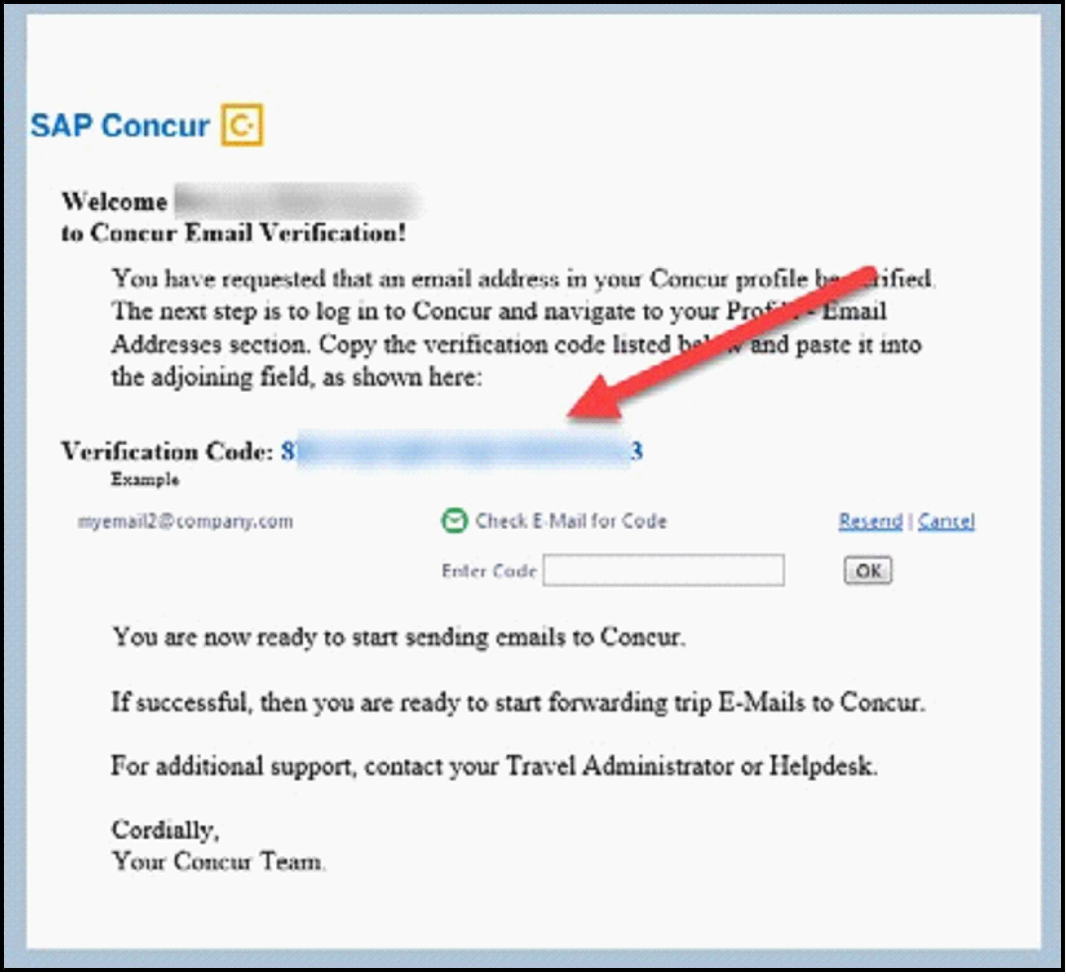 screenshot of email from Concur