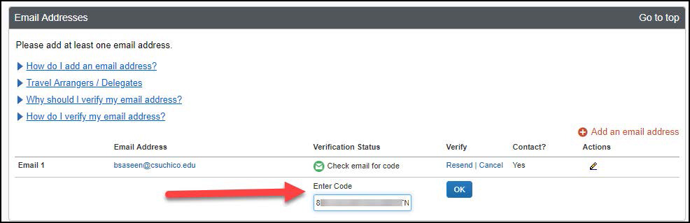 screenshot of entering verification code