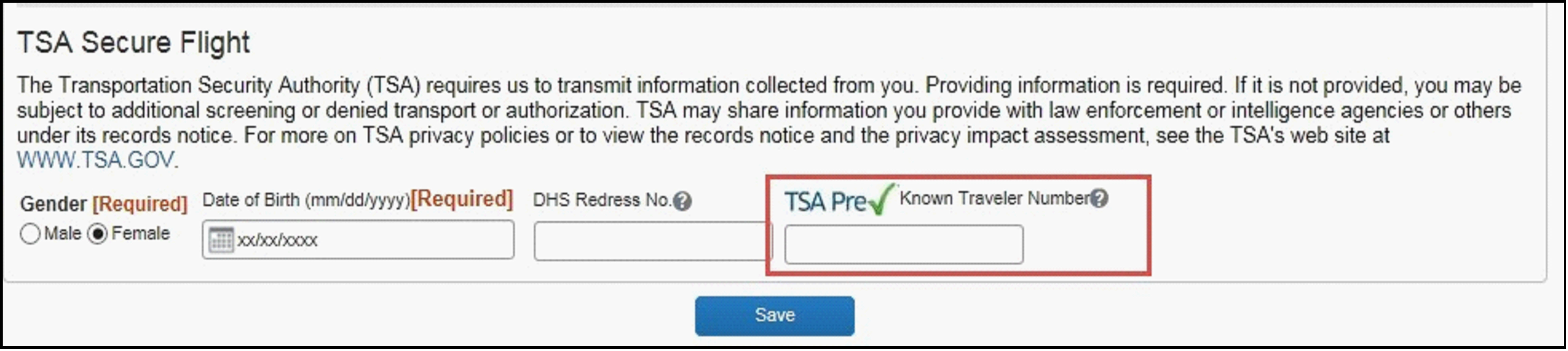 screenshot of TSA secure flight info
