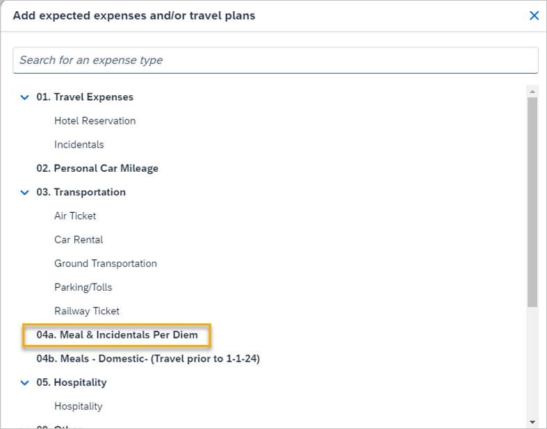 screenshot showing expense type