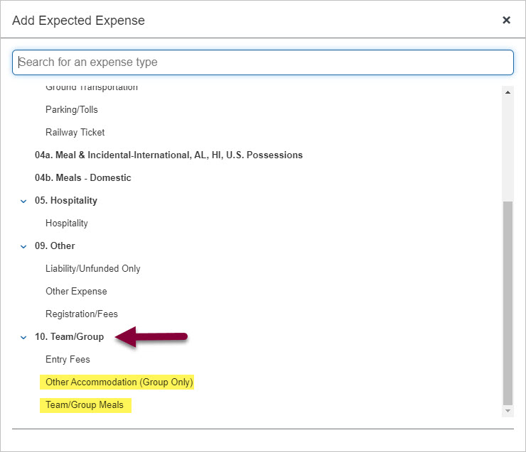 screenshot of expense types
