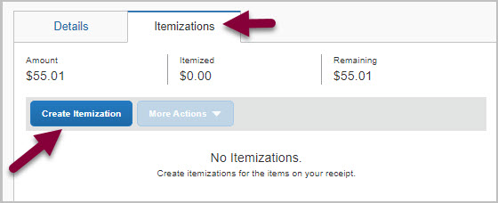 screenshot showing itemizations button
