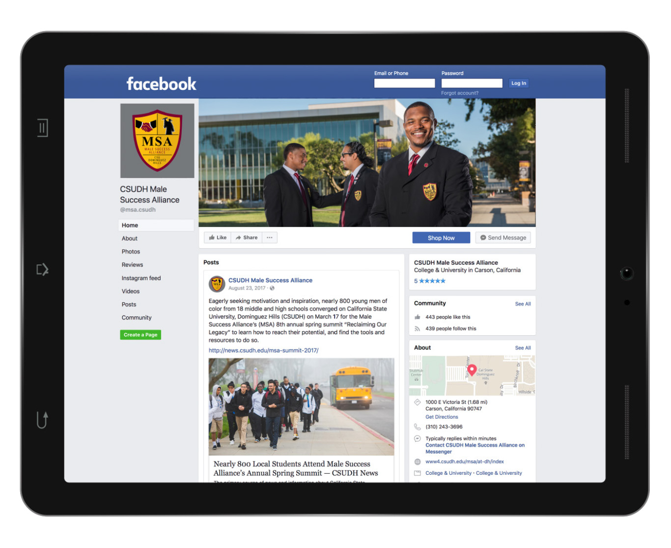 CSUDH Male Success Alliance facebook page mockup on ipad