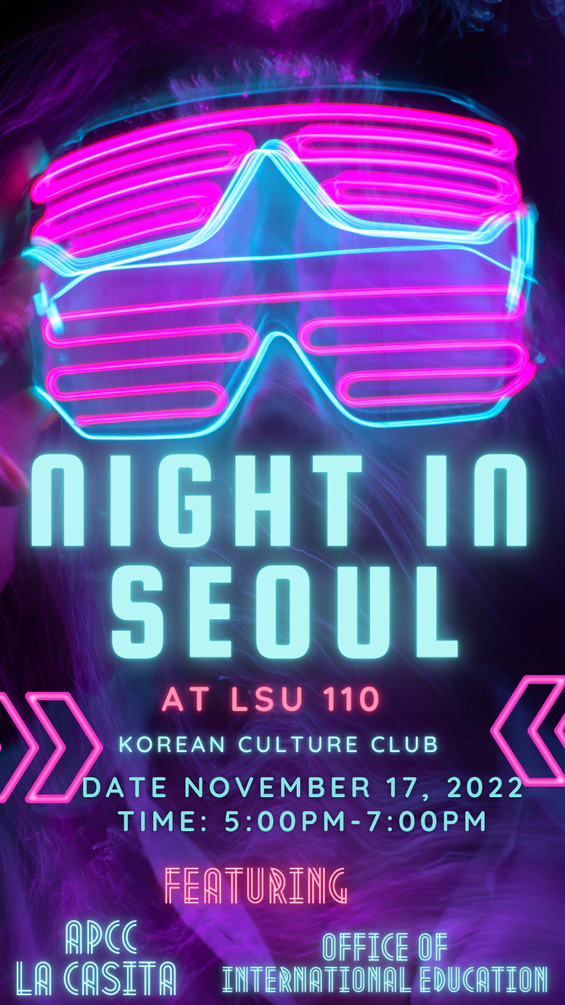 An image flyer for the Nov 17 event "A Night in Seoul."