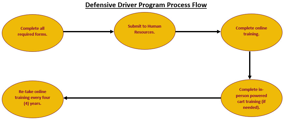 A process flow of steps that takes place for the Defensive Driver program. 